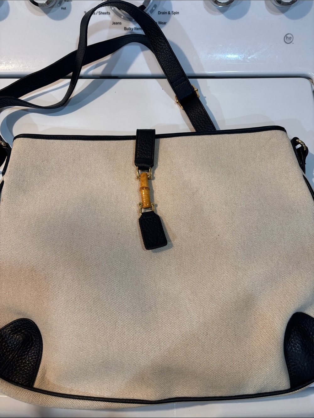 NWOT   VintageMarshall Field Canvas & Black Leather Crossbody Tote - Beige/Black